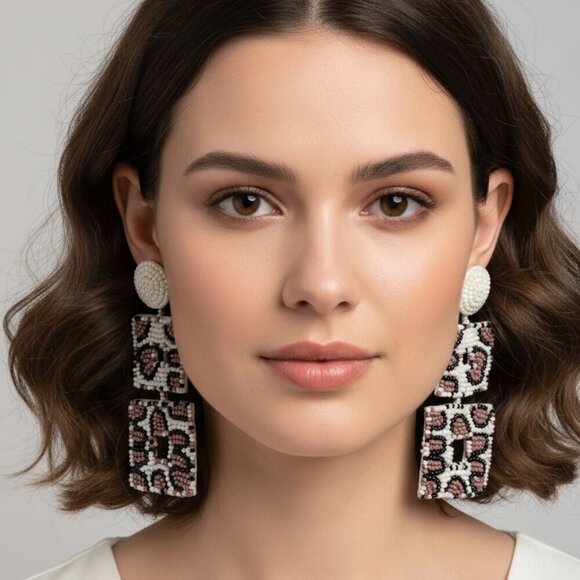 boutique Jewelry - Beaded Leopard Print Statement Earrings | White Mauve Pink Brown